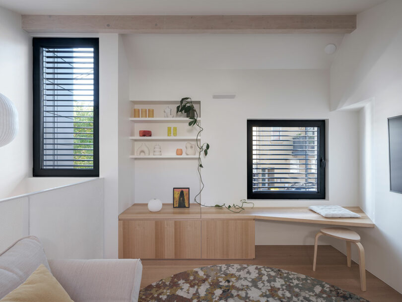 Minimalist room with beige sofa, wooden bench and windows. Shelves hold books and decor. A plant falls from a shelf and a round rug is on the floor.